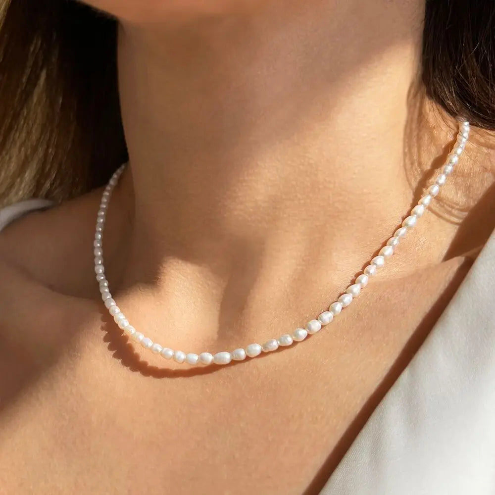 eManco 3MM Imitation Pearl Necklaces Oval White Stainless Steel Necklace Women's Collarbone Chain