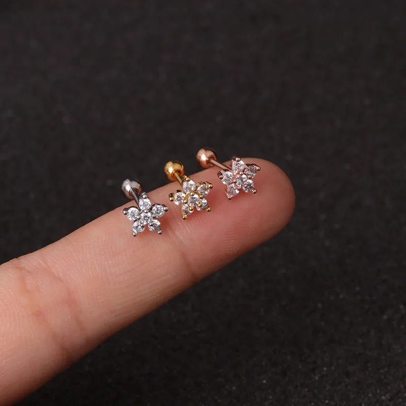 1PC Stainless Steel Gold Color Silver Color Flower CZ Tragus Cartilage Helix Star Ear Stud Piercing Zircon Daith Earring
