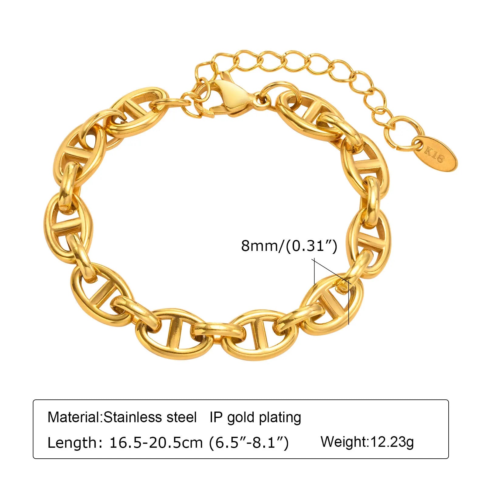 Gold Plated Chunky Chain Bracelet, Stainless Steel Minimalist Link Waterproof, Thick Brand Wristband Bangle For Women