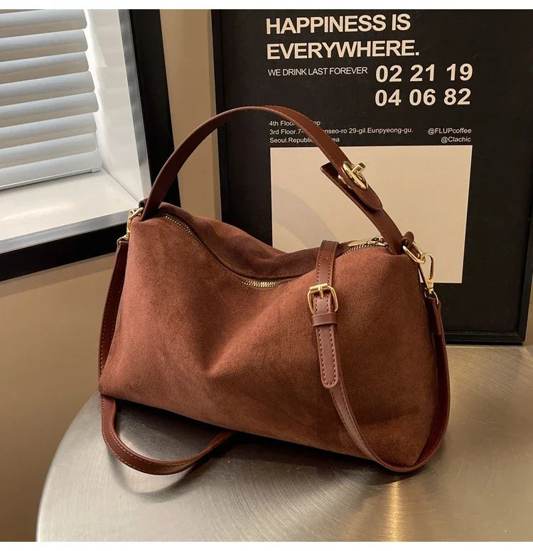 New Solid Color PU Zipper Women's Bag Suede Large Capacity Women's Shoulder Bag Fashion Versatile Casual Dual Purpose Handbag