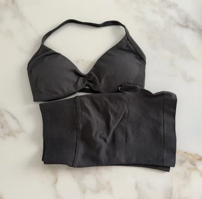 Seamless Sportswear Workout Set Women Two Piece Strappy Yoga Bra Top Scrunch Shorts Gym Clothes