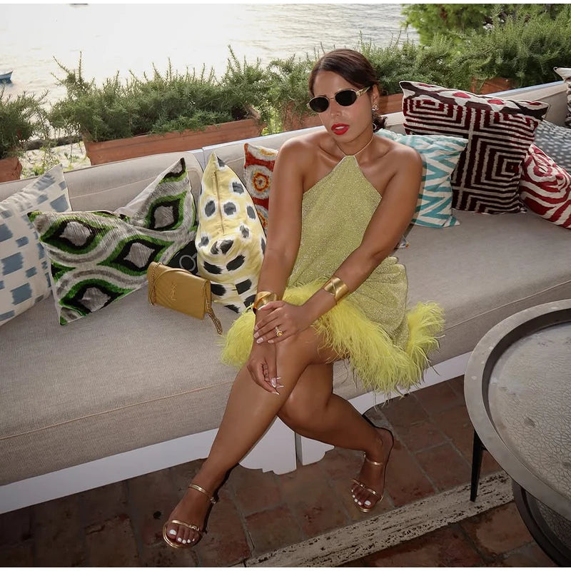 Sexy Feather Glitter Halter Short Dress Women Sleeveless Backless Yellow Female Party Dresses 2025 Summer Lady Beach A-line Robe