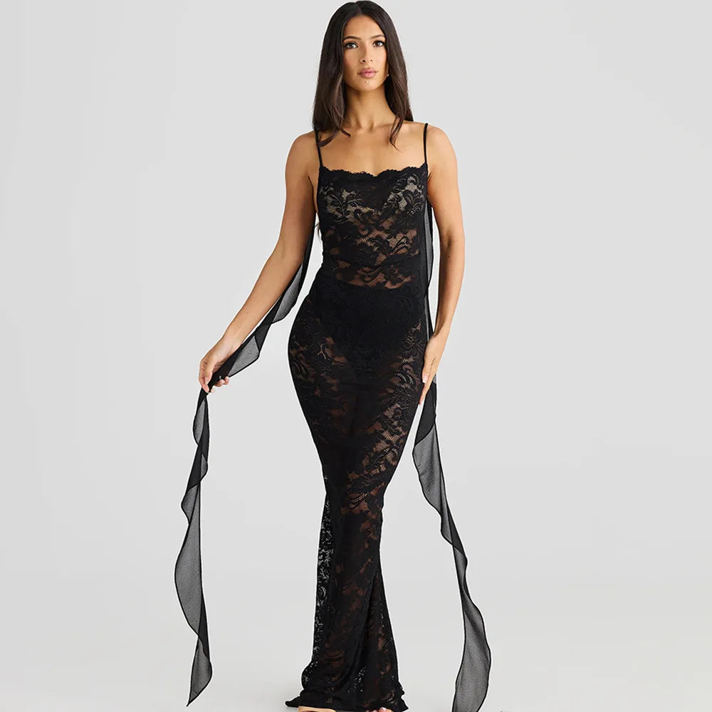 Articat Sexy Sleeveless Lace Patchwork Print Women Backless Party Evening Dress 2024 New Trailing Long Skirt Flowing Vestido
