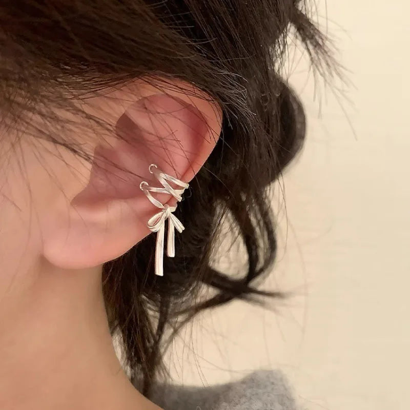 VENTFILLE 925 Sterling Silver Bow Knot Ear Clip for Women Girl Ribbon Design Ballet Style Sweet Jewelry Gift Dropshipping