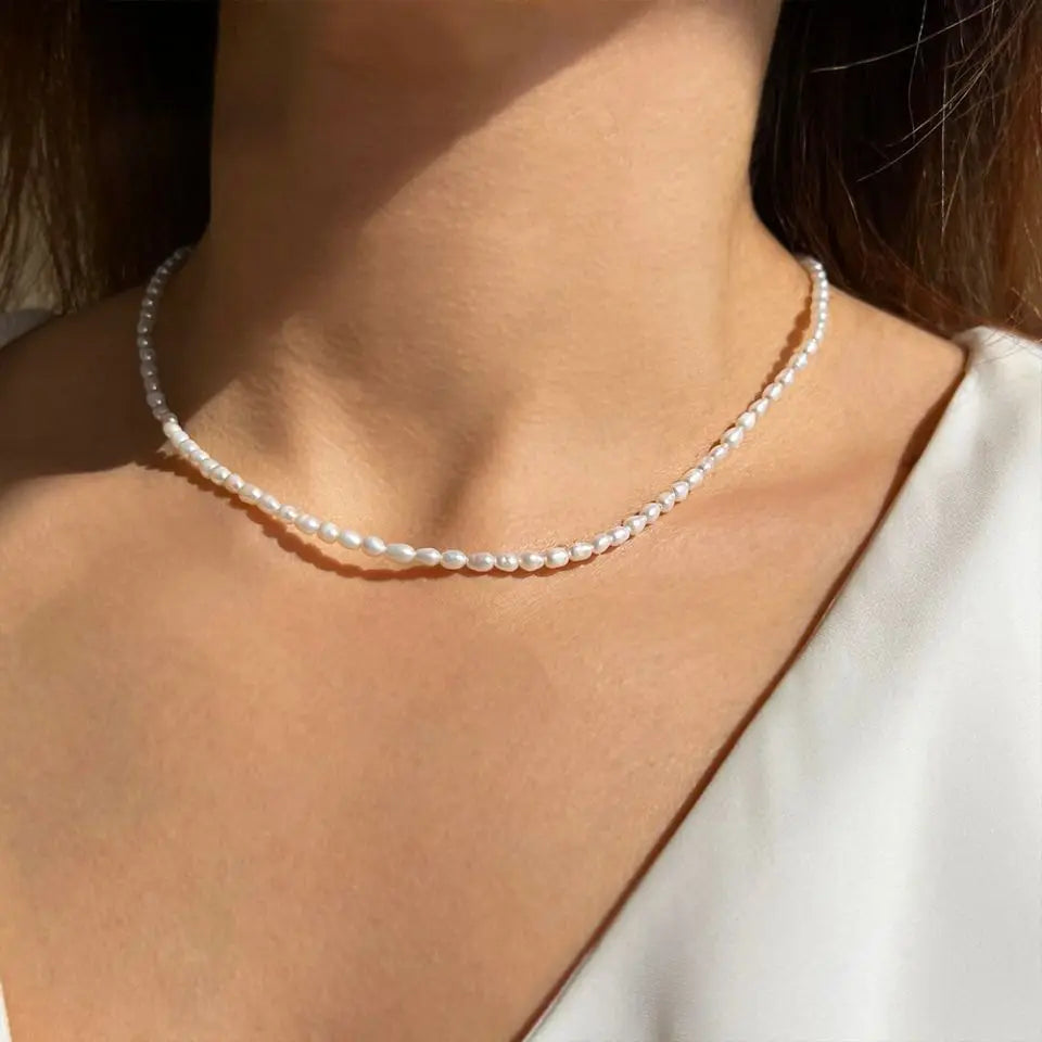 eManco 3MM Imitation Pearl Necklaces Oval White Stainless Steel Necklace Women's Collarbone Chain