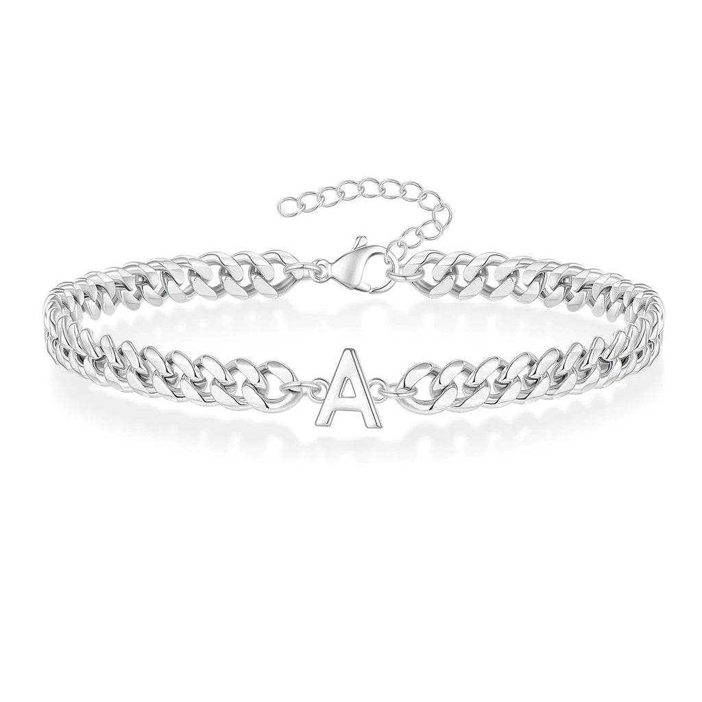 Vnox A-Z Initial Cuban Chain Bracelets for Men Women, Silver Color Stainless Steel Curb Links, Letters Name Charm Bracelet Gift