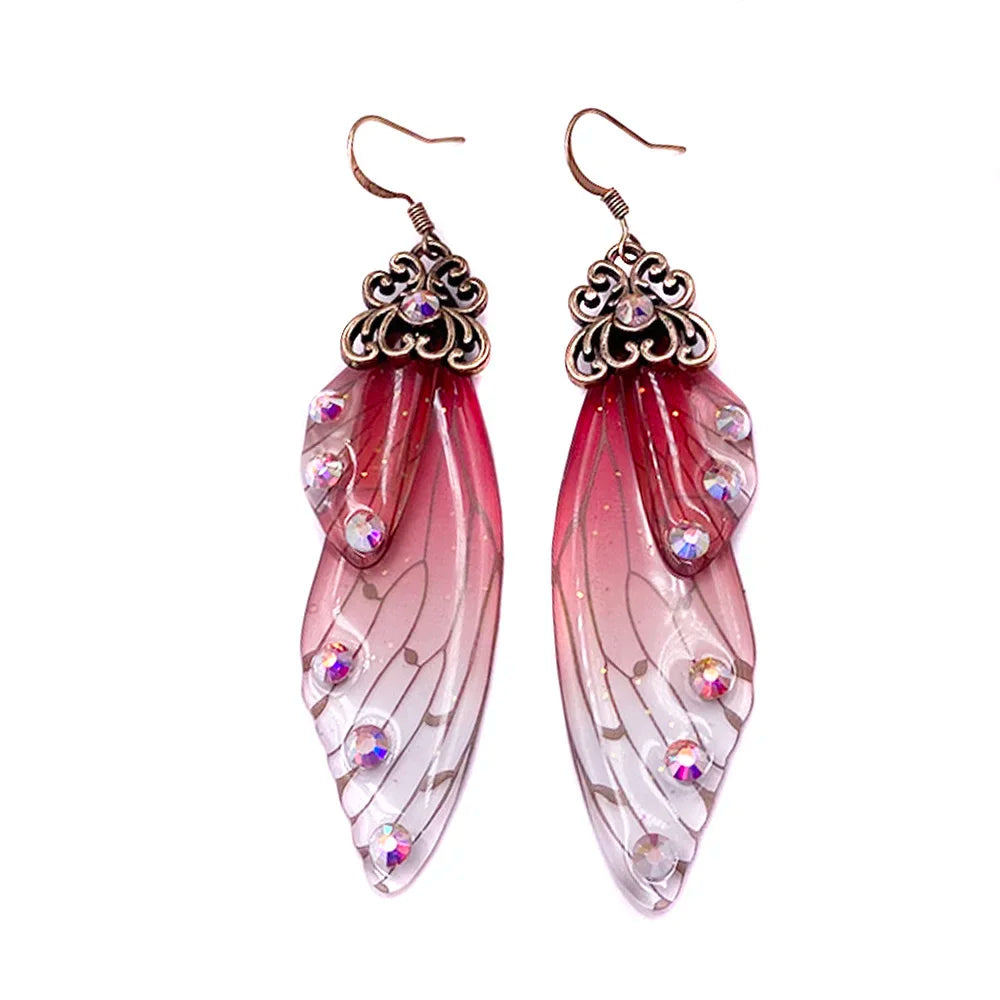 Handmade Fairy Simulation Wing Earrings Insect Butterfly Wing Drop Earrings Foil Rhinestone Earrings Romantic Bridal Jewelry