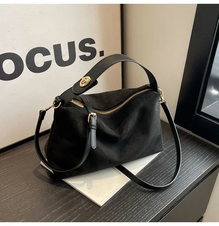New Solid Color PU Zipper Women's Bag Suede Large Capacity Women's Shoulder Bag Fashion Versatile Casual Dual Purpose Handbag