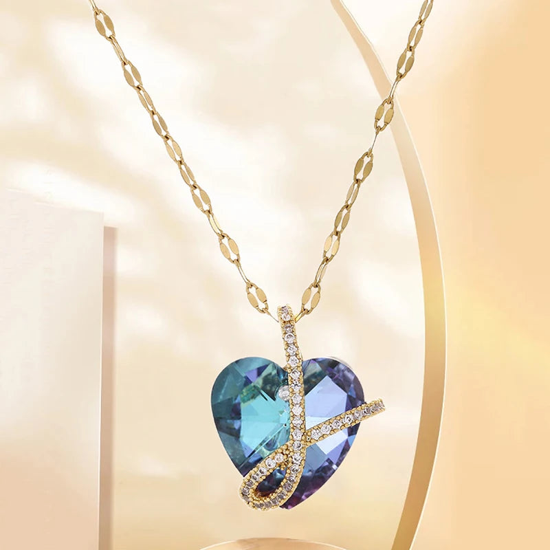 Versatile crystal necklace heart-shaped pendant collarbone chain ins jewelry woman bijoux acier inoxydable collar y2k accessorie