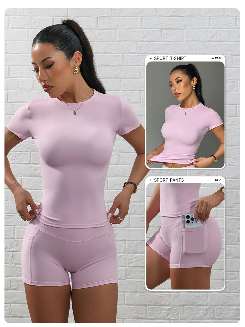 Seamless Yoga Set Women Workout Clothes Short Sleeve Crop Top Pocket Slim Gym Shorts 2 Piece Sports Suit Active Wear