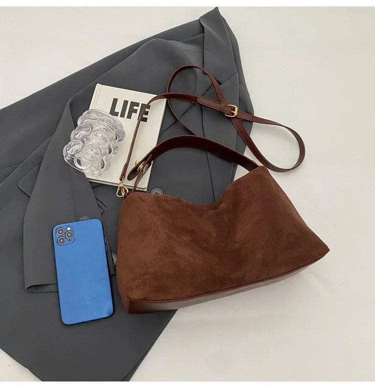 New Solid Color PU Zipper Women's Bag Suede Large Capacity Women's Shoulder Bag Fashion Versatile Casual Dual Purpose Handbag