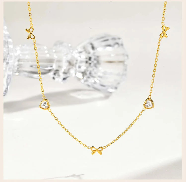 Stainless Steel Heart Cubic Zirconia Chain Necklace for Women, Bowknot Cherry Thin Link Chain Necklace Layered Jewelry