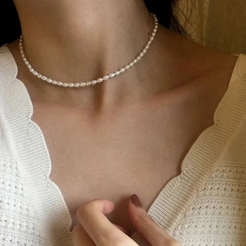 eManco 3MM Imitation Pearl Necklaces Oval White Stainless Steel Necklace Women's Collarbone Chain