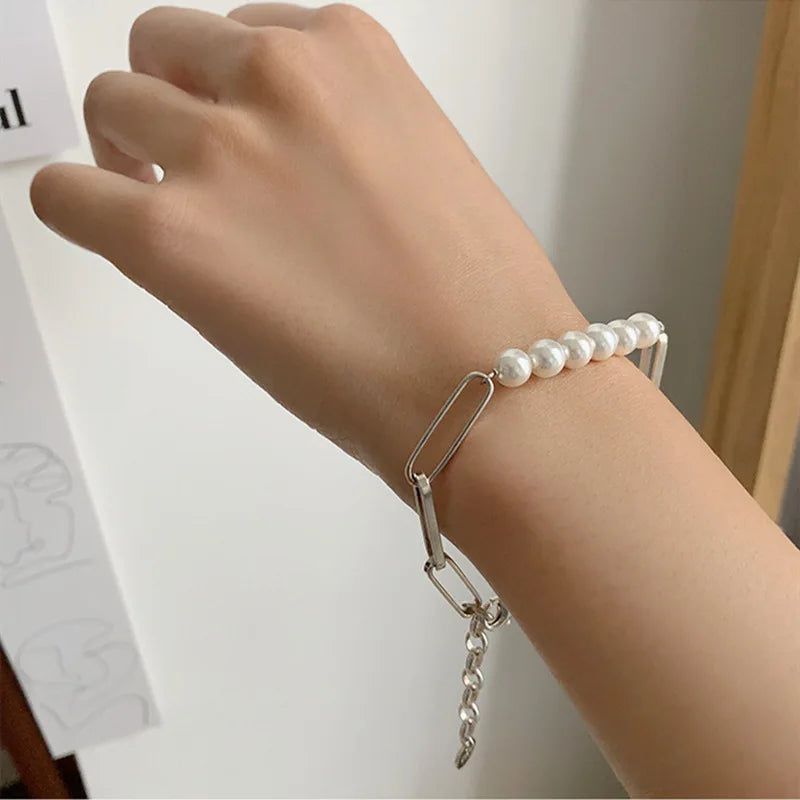New 925 Silver Geometric Bead Pearl Punk Irregular Asymmetric Adjustable Bracelet For Woman Girl Fashion Jewelry Gift Dropship