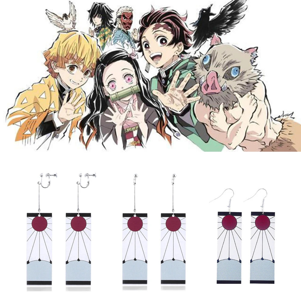 Anime Demon Slayer Kimetsu No Yaiba Kamado Tanjirou Earrings Acrylic Clip Drop Long Ear Jewelry Cosplay Props Accessories Gift