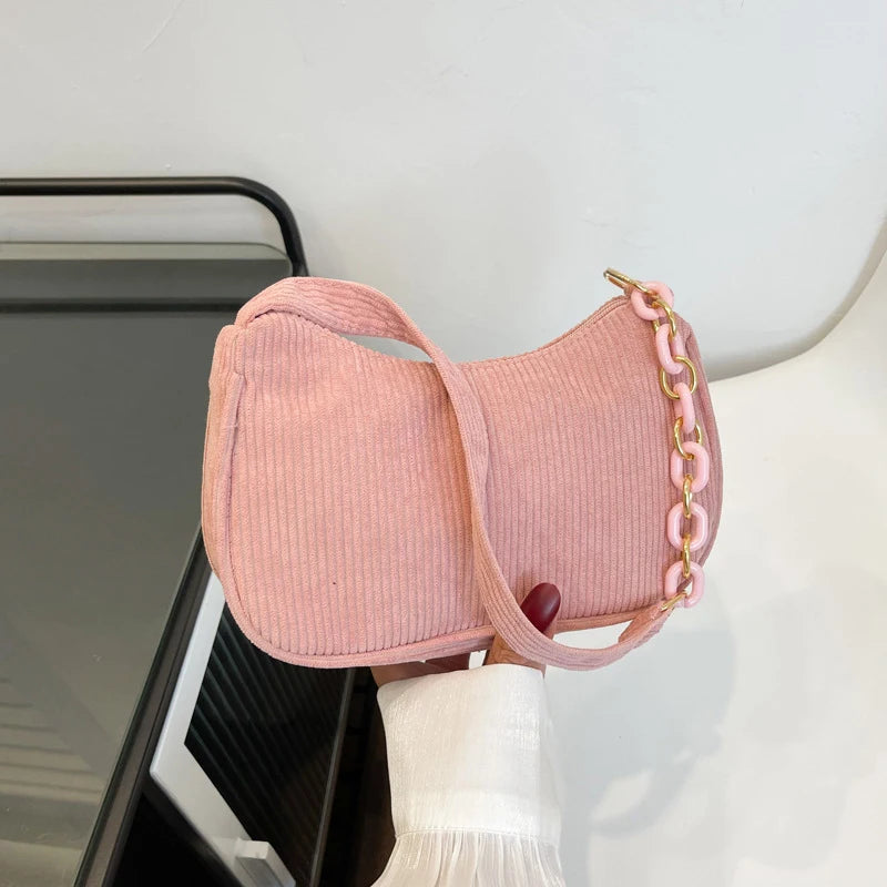 1pc Fashion Vintage Women Handbags Corduroy Underarm Bag Casual Women Shoulder Bags Solid Color Zipper Female Handbag Clutch