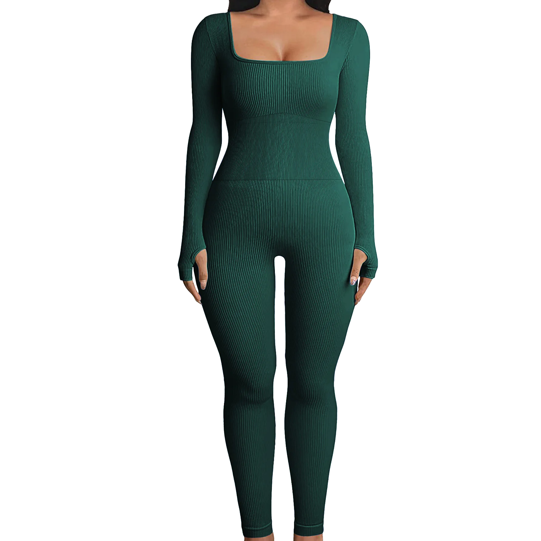 Solid Color Ribbed Yoga Jumpsuit, Seamless Slim Fit Long Sleeve Sports Bodysuit, Women's Activewear