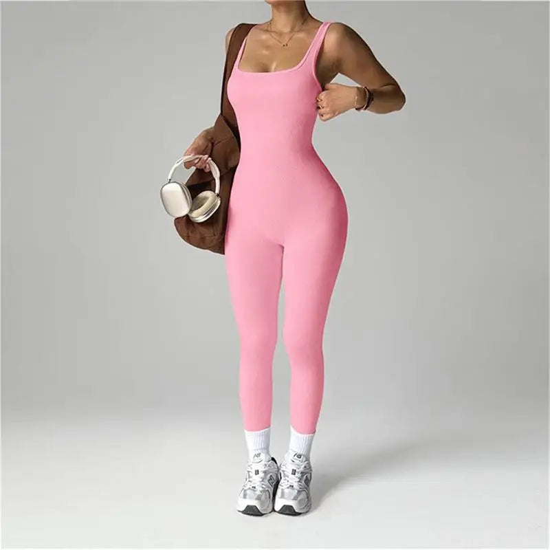 Outdoor quick-drying yoga wear for sports, women's yoga cycling, running and fitness set, solid-color yoga jumpsuit
