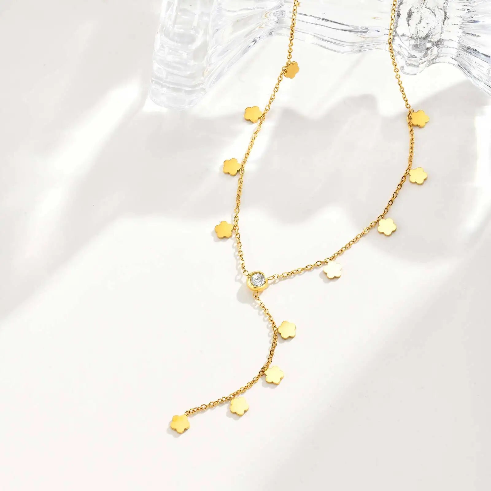 Flower Drop Necklace - Stainless Steel Y Shape Layered Floral Jewelry