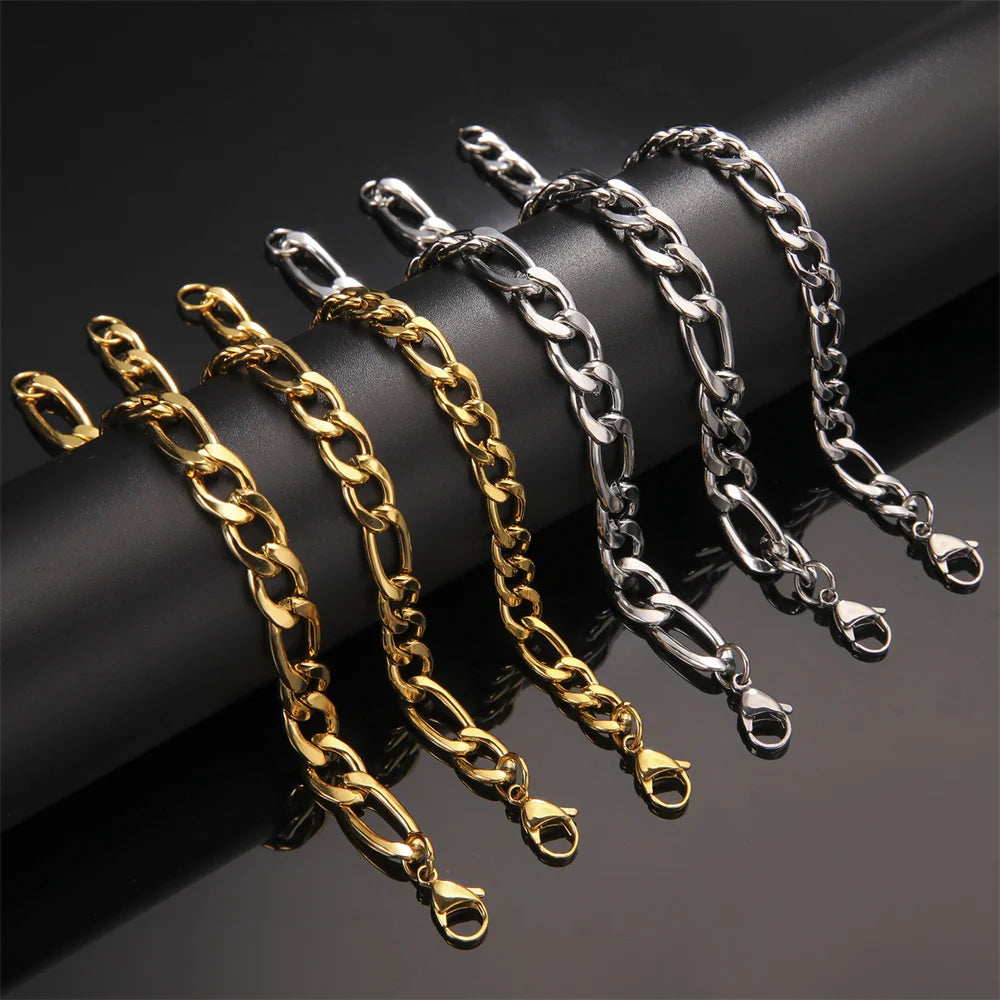 My Shape Fashion Cuban Chain Men Bracelet Stainless Steel 3/5/7/9mm Width Chain Bracelets Figaro Chain Boy Wrist Jewelry Couple