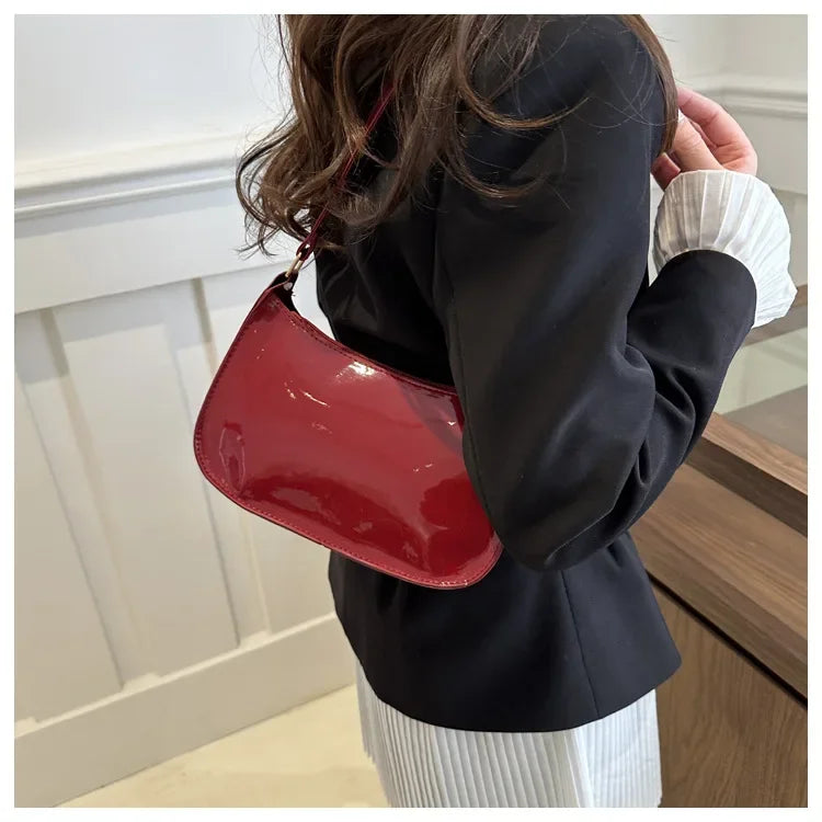 Vintage Wine Red Patent Leather Glossy Underarm Bag 2024 New Minimalist Lady Zipper Shoulder Bag Elegant Versatile Handbag Trend