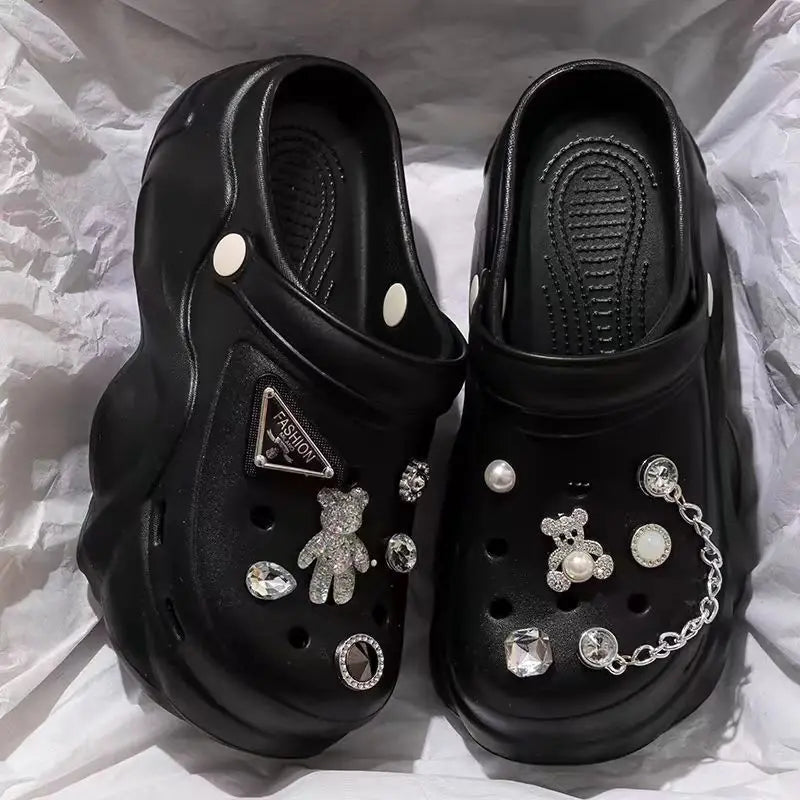 Women DIY Silver Chains Fashion Bear Decor Clogs Summer Sping Autumn Beach Sandals Cave Hole Garden Shoes For Students Girls New