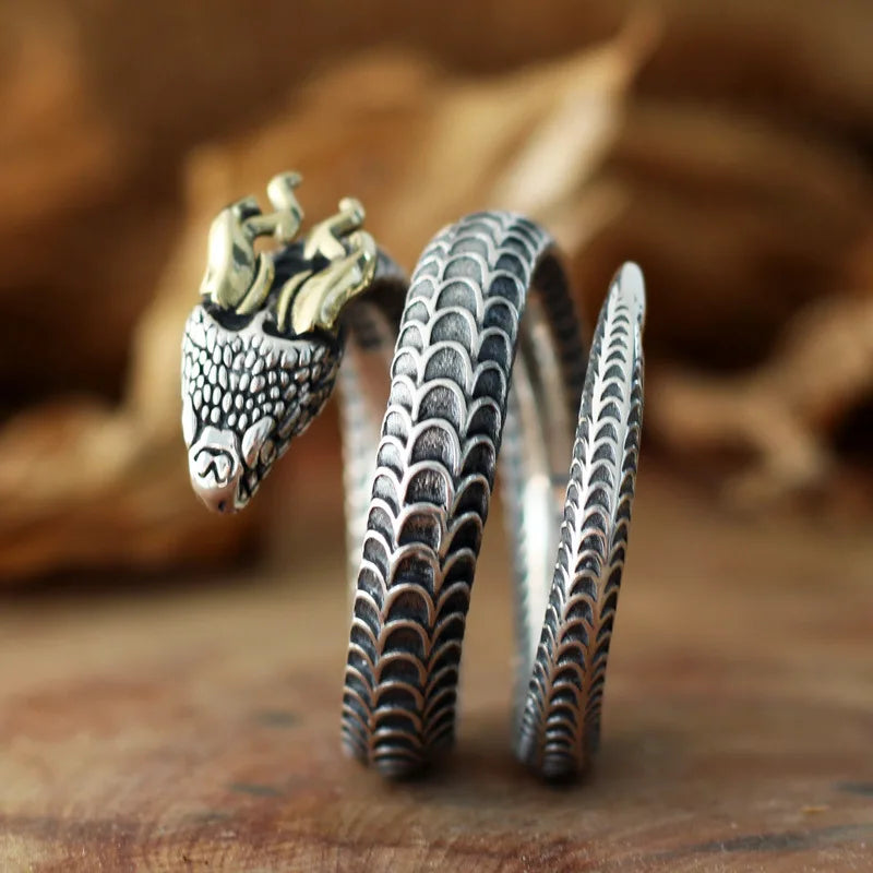 Buyee 925 Sterling Silver Male Big Ring Horned snake Open Ring Finger for Men Women Fashion Unique Rock Punk Fine Jewelry Circle
