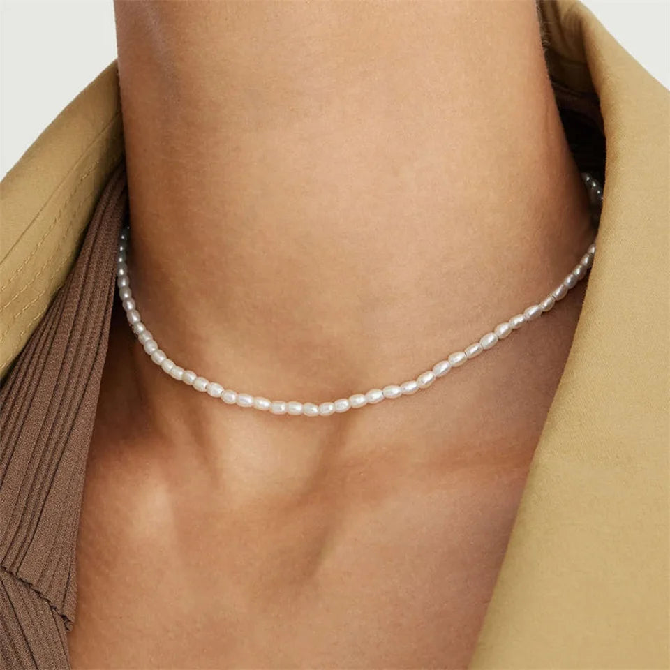eManco 3MM Imitation Pearl Necklaces Oval White Stainless Steel Necklace Women's Collarbone Chain
