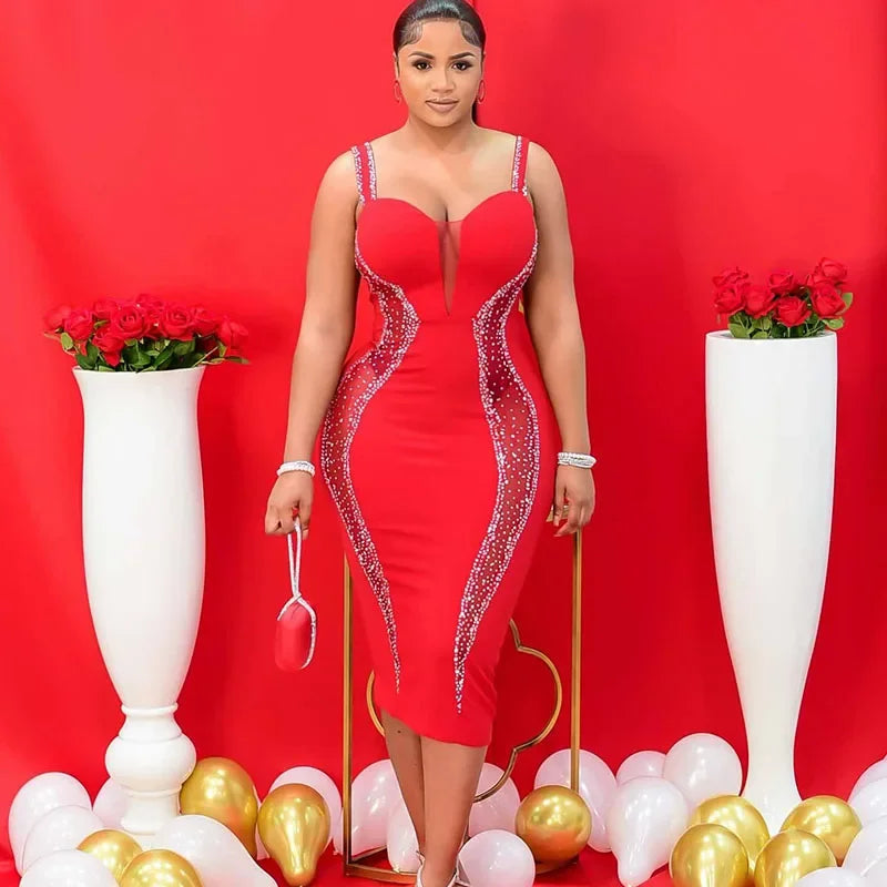 Sexy Spaghetti Strap V-neck Bandage Bodycon Dress Women Elegant Mesh Patchwork Diamonds Cocktail Party Dresses Vestidos Midi