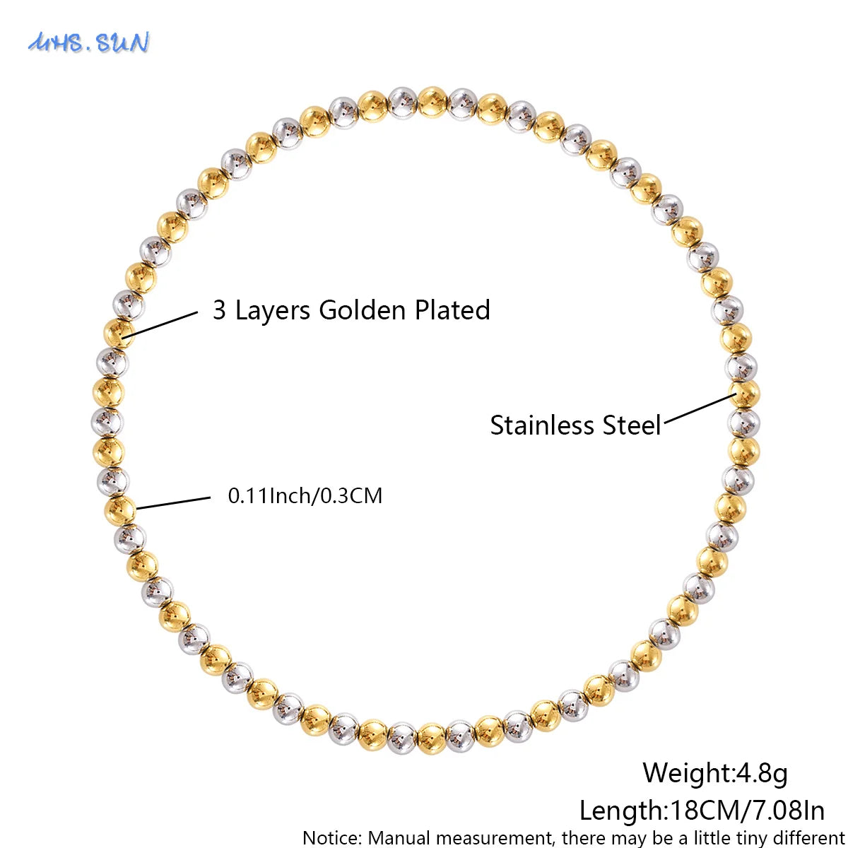 MHS.SUN Fashion Waterproof Smooth Stainless Steel Bracelets 2-10mm Elastic Beaded Gold Plated Stackable Bracelet Women Jewelry