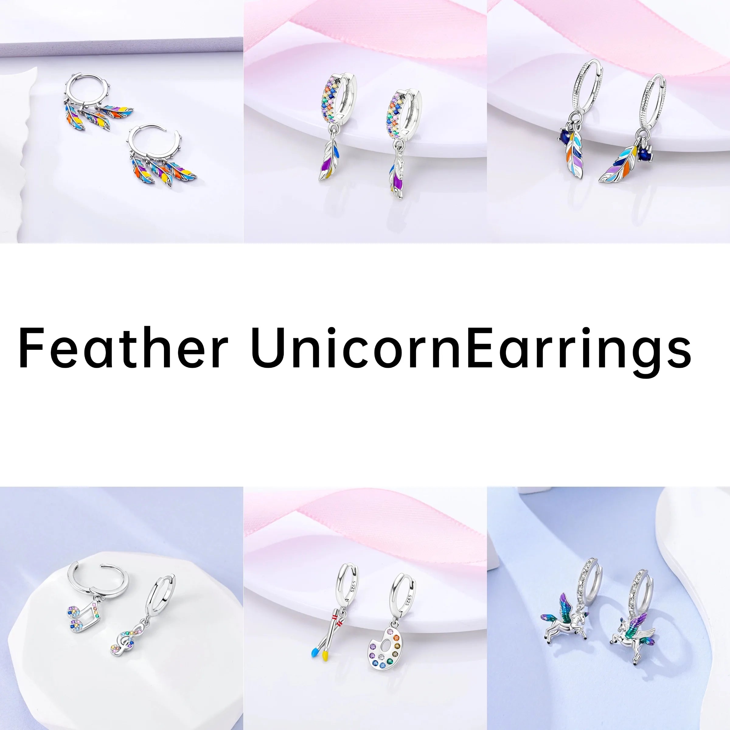 Unicorn Earrings 925 Sterling Silver Original Zircon Elephant Feather Dog Cat Blue Star Small Earrings For Women Jewelry Gift