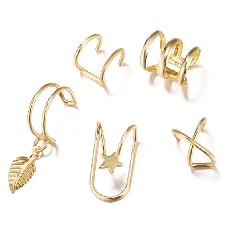 KOTiK 2024 New Gold Silver Color Leaves Clip Earrings for Women Fashion Ear Cuff Non-Piercing Earrings Set Trend Jewelry Gift