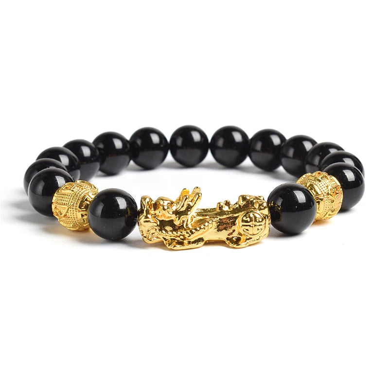 Pi Xiu Tiger Eye Stone Beads Bracelet Feng Shui Yellow Power Stone Women Men Elastic Jewelry Gold Color Pixiu Good Luck Bracelet