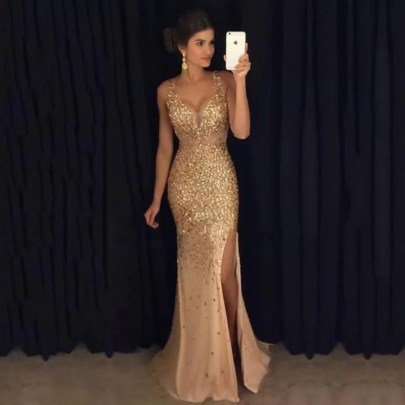Fmxires 2025 Gold Dress - V-Neck Split Long Evening Gown