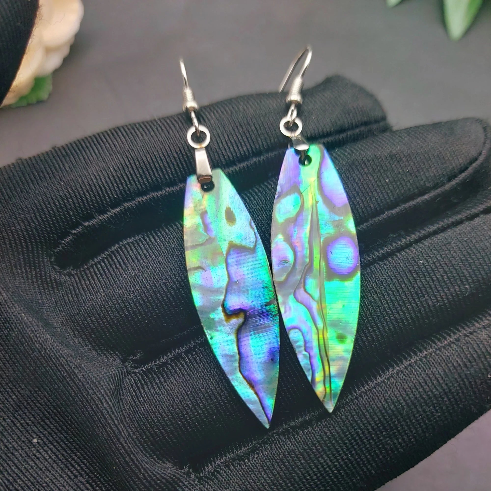 Natural Paua Shell Hand Carving Double Side Dangle Earrings Hawaiian Design Abalone Jewelry