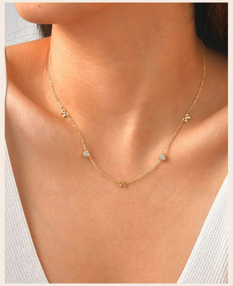 Stainless Steel Heart Cubic Zirconia Chain Necklace for Women, Bowknot Cherry Thin Link Chain Necklace Layered Jewelry