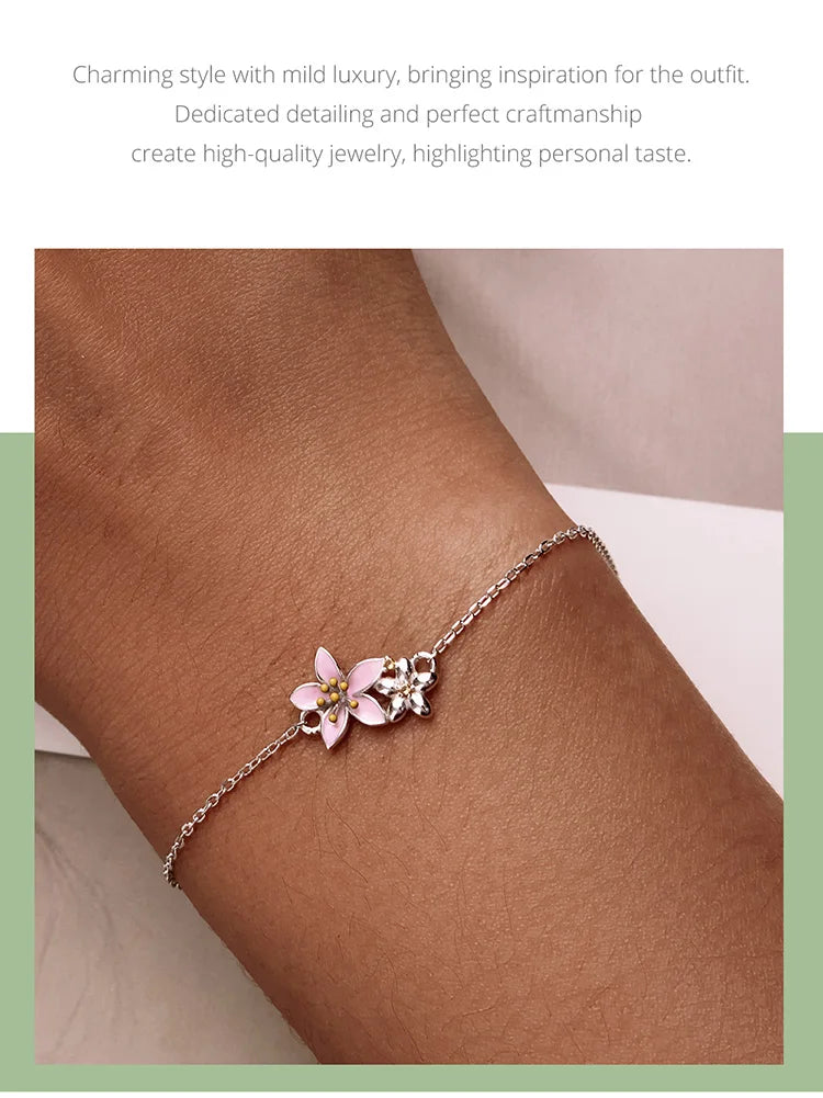 WOSTU 925 Sterling Silver Original Pink Sakura Bracelet Adjustable MINI Bracelet Chain Link Fit MINI Pendant Fashion Jewelry