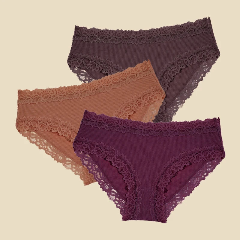 3PCS/Set Cotton Lace Underwear for Women Sexy Ribbed Floral Panties Comfortable Low-Waist Briefs Female Solid Comfort Lingerie