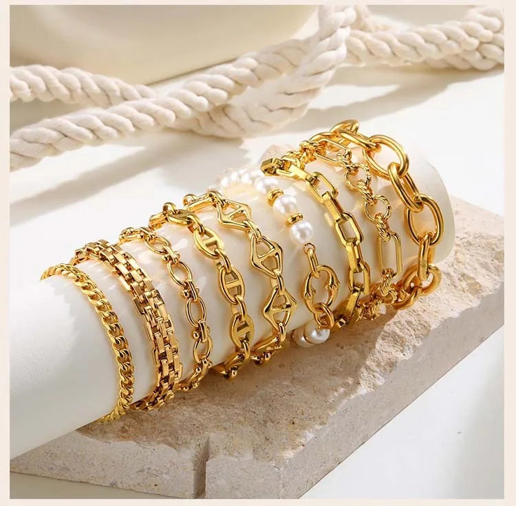 Gold Plated Chunky Chain Bracelet, Stainless Steel Minimalist Link Waterproof, Thick Brand Wristband Bangle For Women
