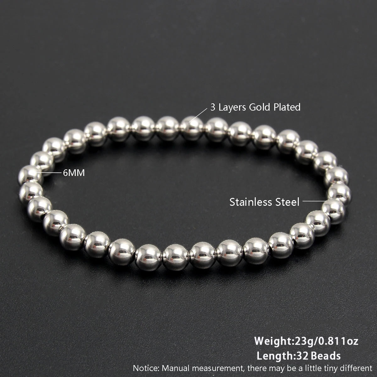 MHS.SUN Fashion Waterproof Smooth Stainless Steel Bracelets 2-10mm Elastic Beaded Gold Plated Stackable Bracelet Women Jewelry