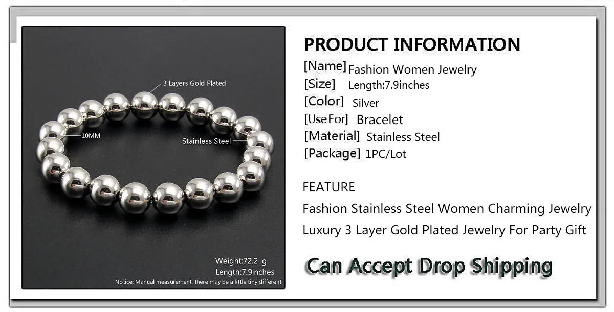 MHS.SUN Fashion Waterproof Smooth Stainless Steel Bracelets 2-10mm Elastic Beaded Gold Plated Stackable Bracelet Women Jewelry