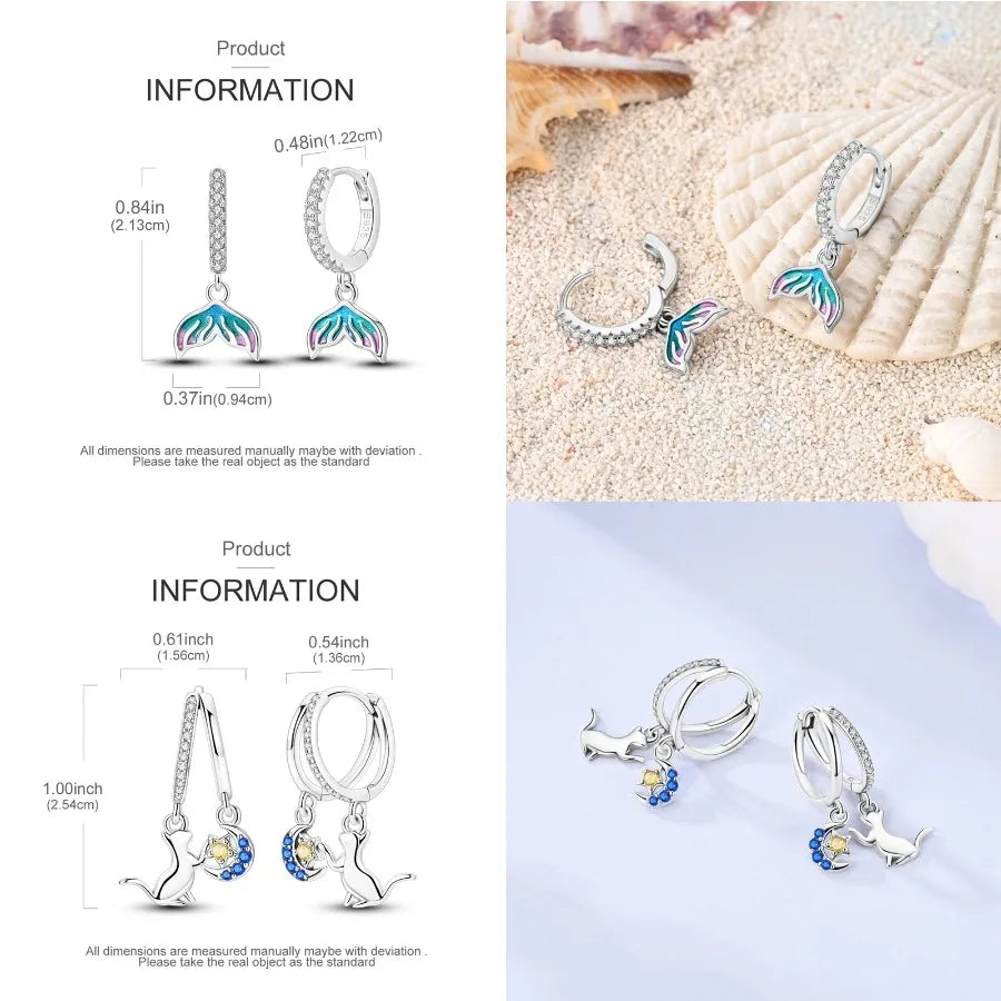 Unicorn Earrings 925 Sterling Silver Original Zircon Elephant Feather Dog Cat Blue Star Small Earrings For Women Jewelry Gift