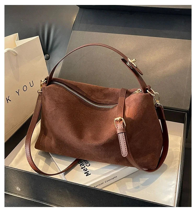 New Solid Color PU Zipper Women's Bag Suede Large Capacity Women's Shoulder Bag Fashion Versatile Casual Dual Purpose Handbag
