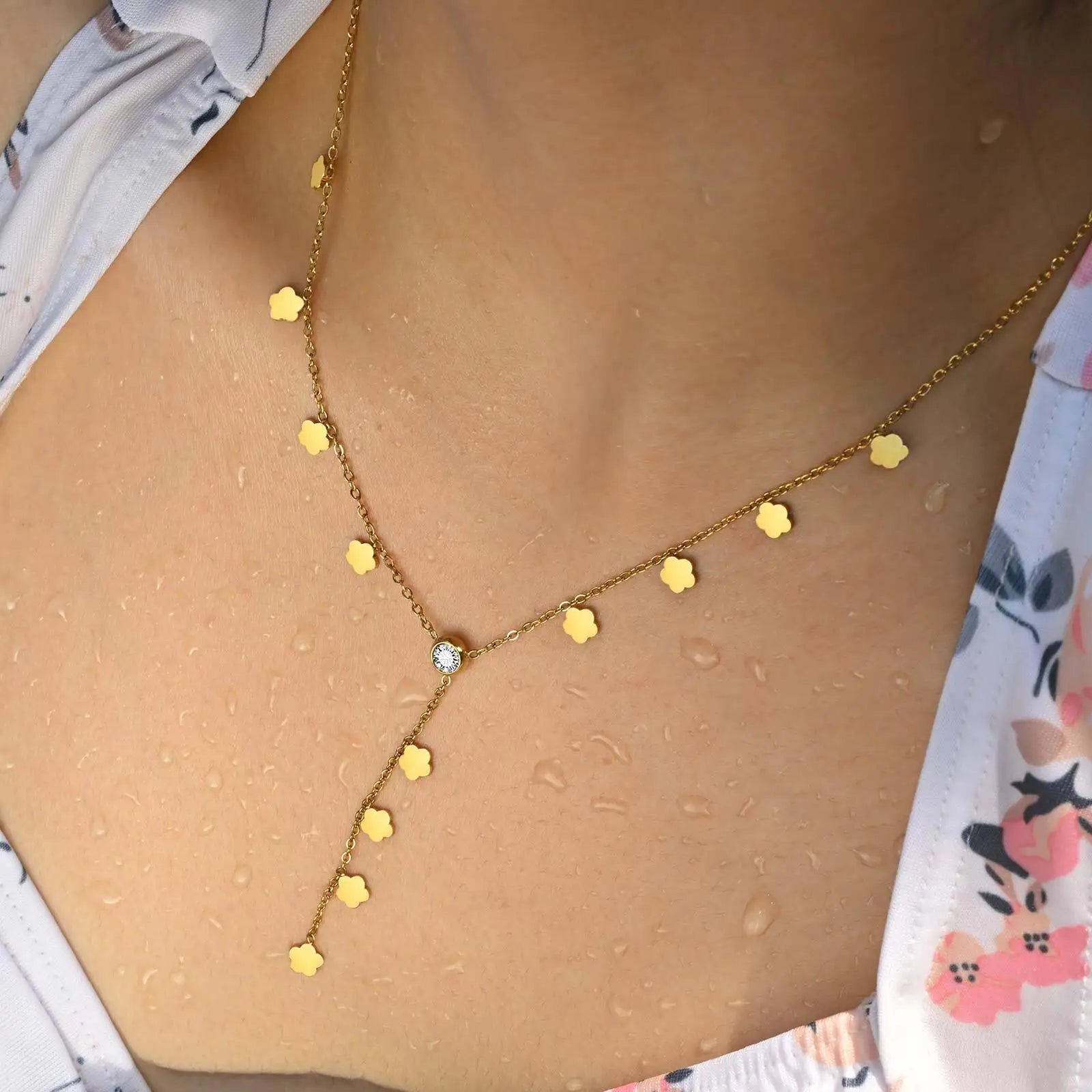 Flower Drop Necklace - Stainless Steel Y Shape Layered Floral Jewelry