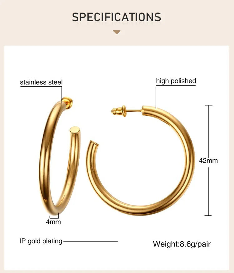 Waterproof Chunky Circle Hoop Earrings For Women, Gold Plated Stainless Steel Loop Earring 25/42/50/63mm