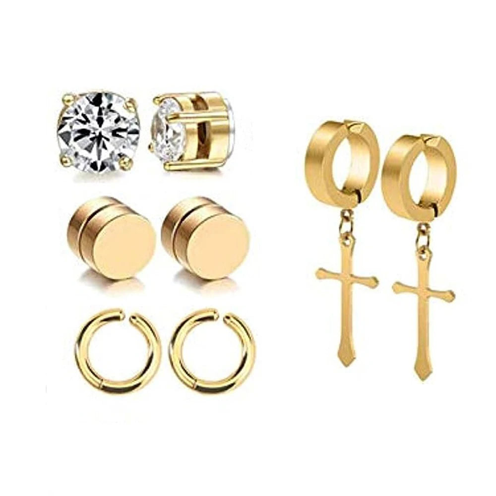 4 Pairs Simple Stainless Steel Magnetic Stud Earrings For Men, Cross Pendant Ear Clips, Cool Non Pierced Earrings