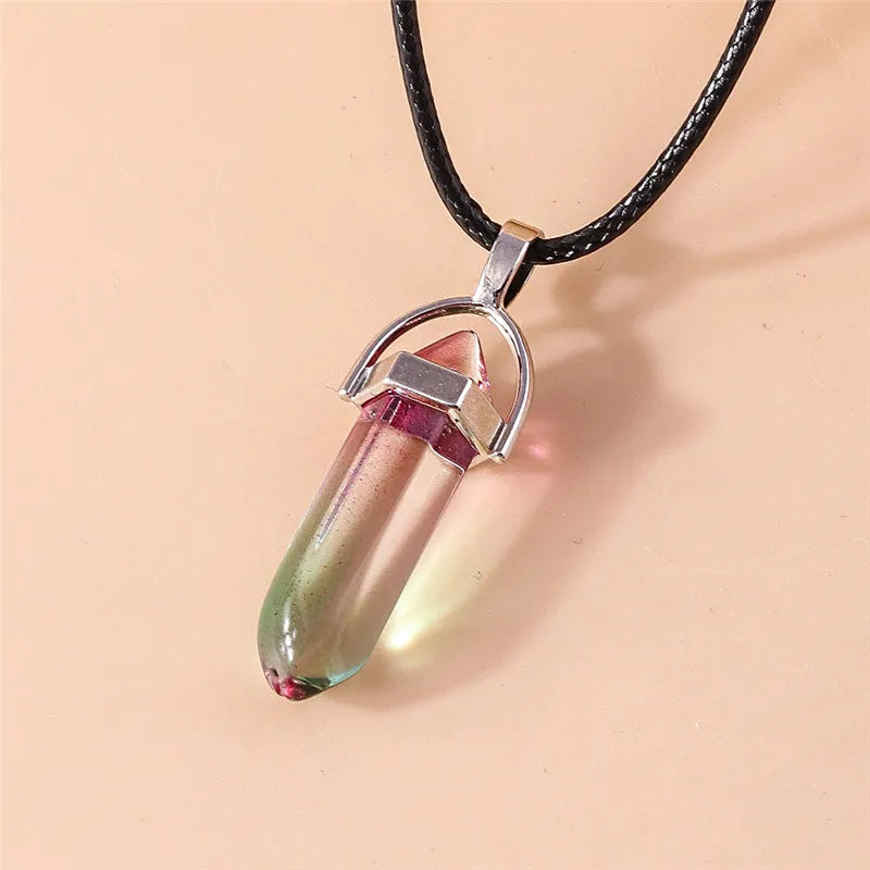 Natural Stone Quartz Lapis Opal Amethyst Pink Crystal Stone Hexagonal Column Pendant Necklaces Leather Chain Bullet Necklace