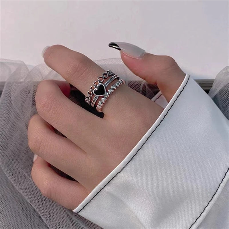 Retro Carved Three Layer Heart Ring - Adjustable Open Band for Men Women