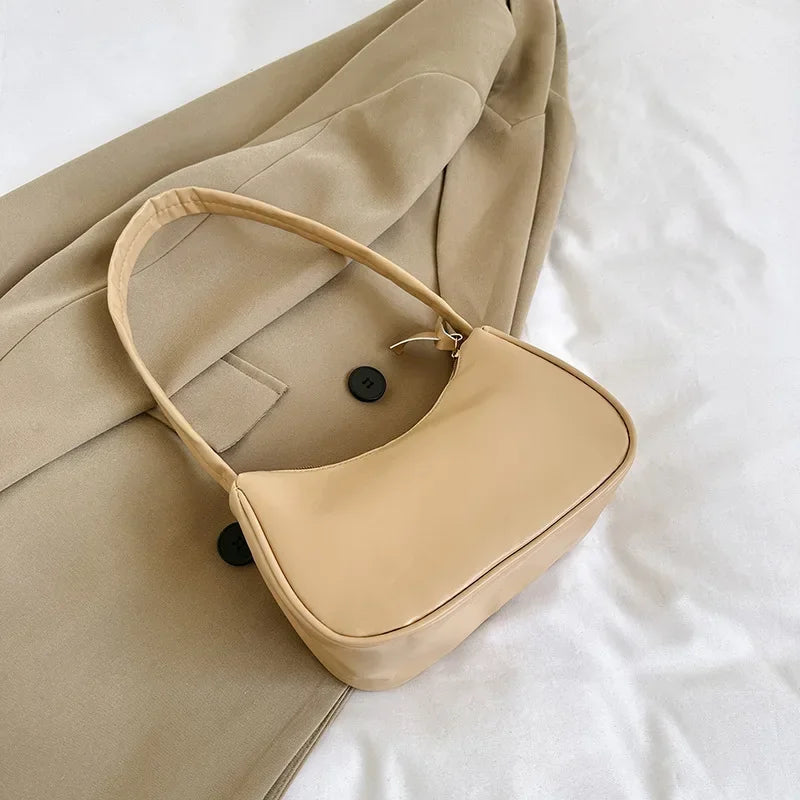 Retro Soft PU Leather Women Shoulder Underarm Bags Casual Solid Color Small Top-Handle Handbags Ladies Fashion Shoulder Bags