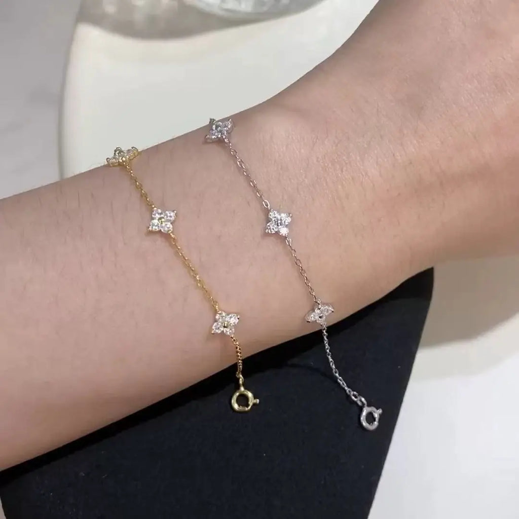 S925 Sterling Silver Zircon Flower Bracelet - 18K Gold Korean Design